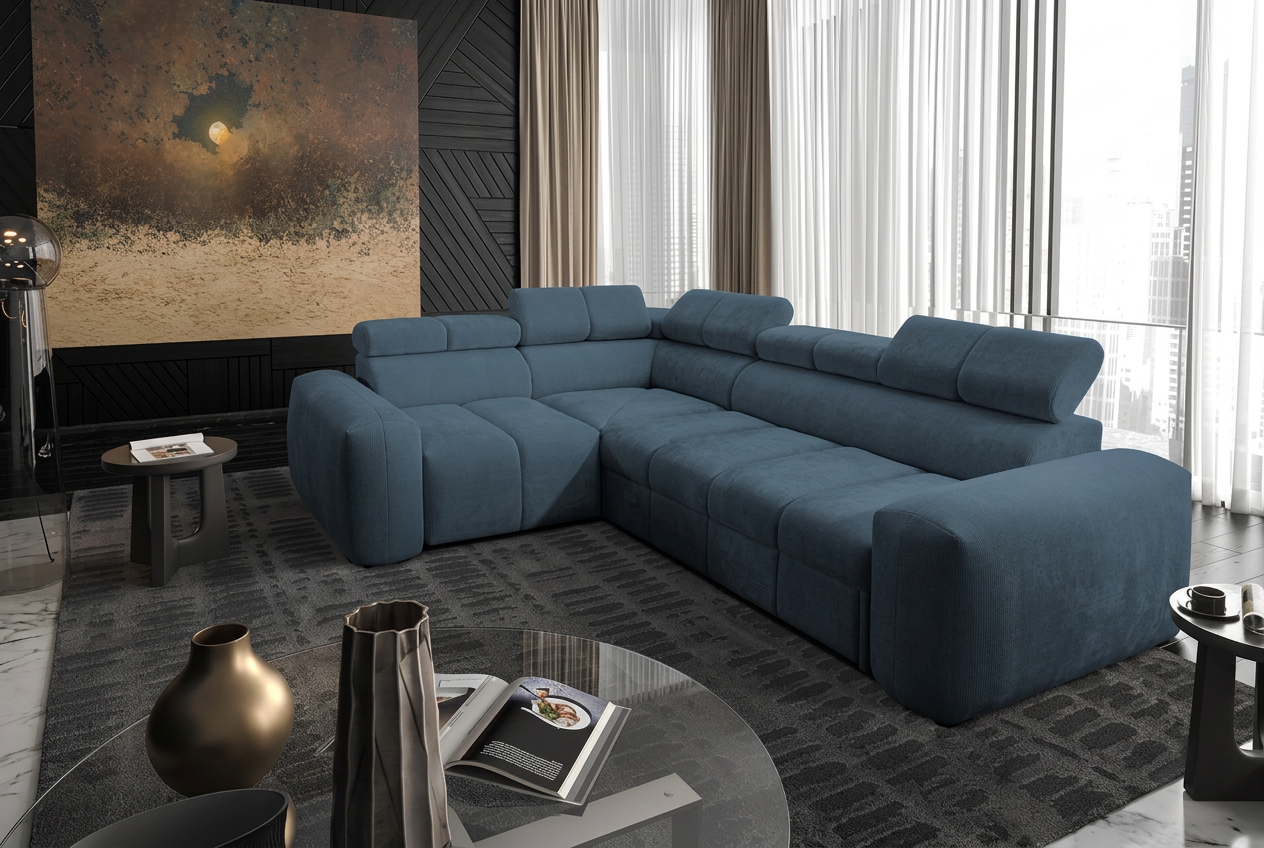 Luna II Corner Sofa Bed shown in navy blue fabric, 280cm wide, shown in Primo 05