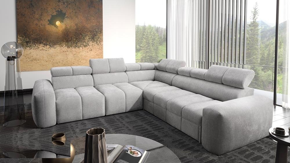 Luna III corner sofa bed in light grey fabric with adjustable headrests in a bright living room, shown in Primo 05