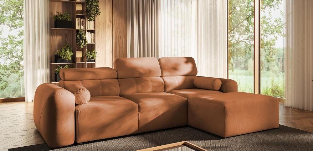 Voss I Corner Sofa Bed in rust terracotta fabric, 269cm wide, shown in a living room setting, shown in Primo 05
