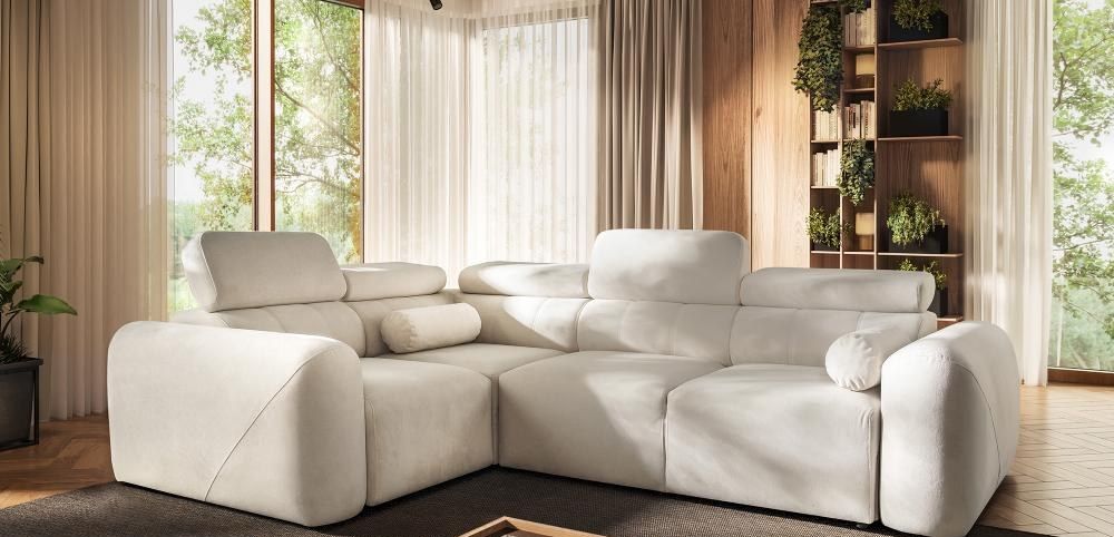 Voss II Corner Sofa Bed in cream fabric, 273cm wide, in a styled Irish living room, shown in Primo 05